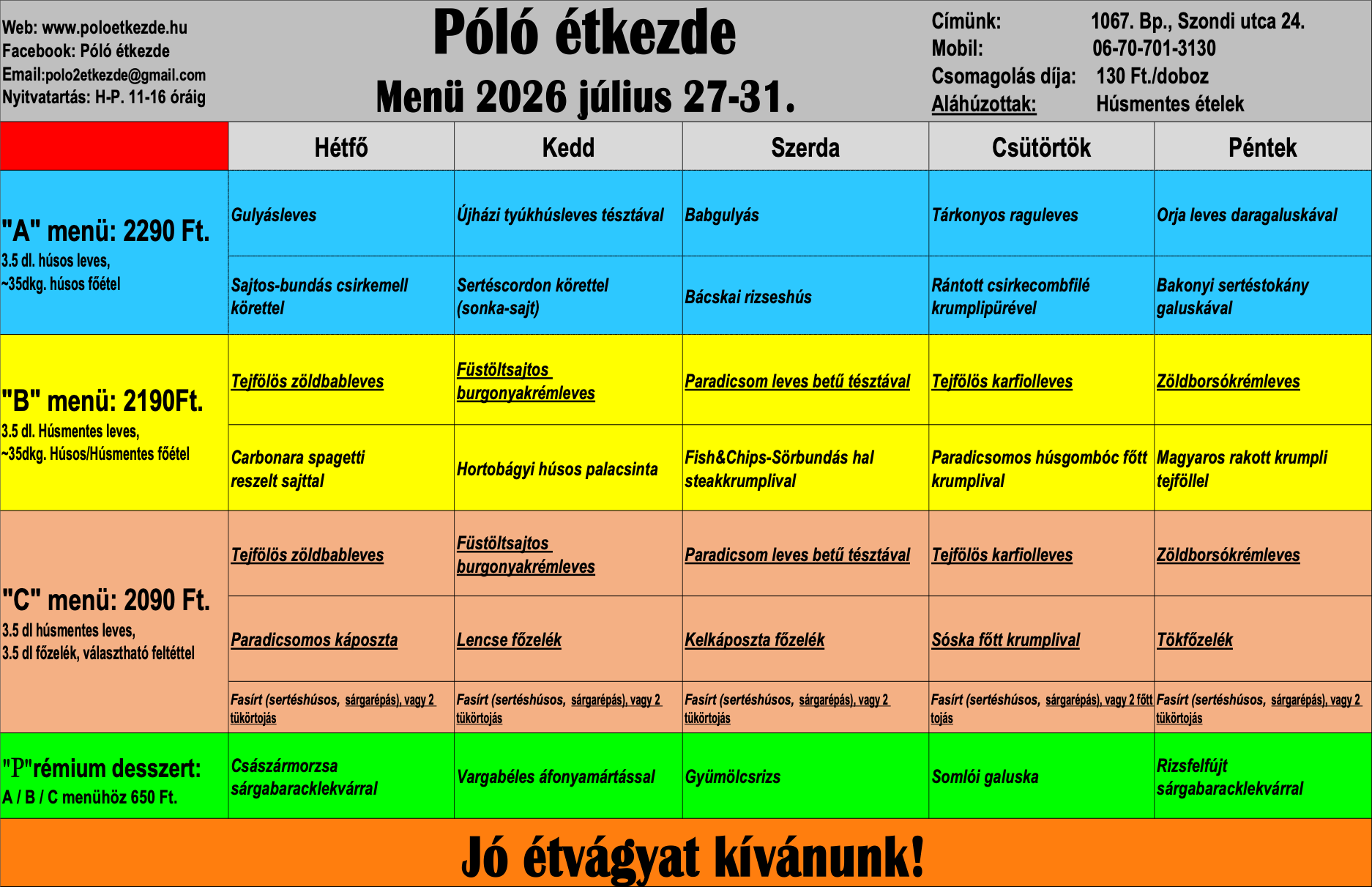 Menü étlap Póló Étkezde