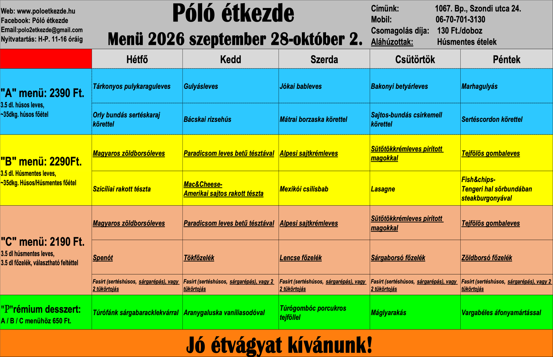Menü étlap Póló Étkezde